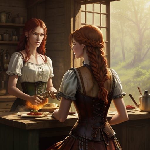 Western Mother and Daughter Cooking, Watercolor Style