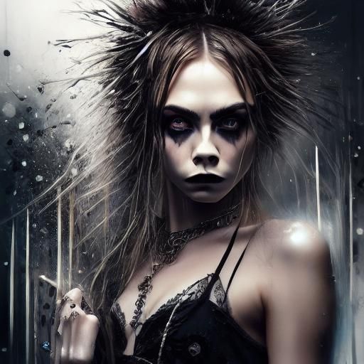 Gothic Emo Woman in Pub, Hyperrealistic Splash Art