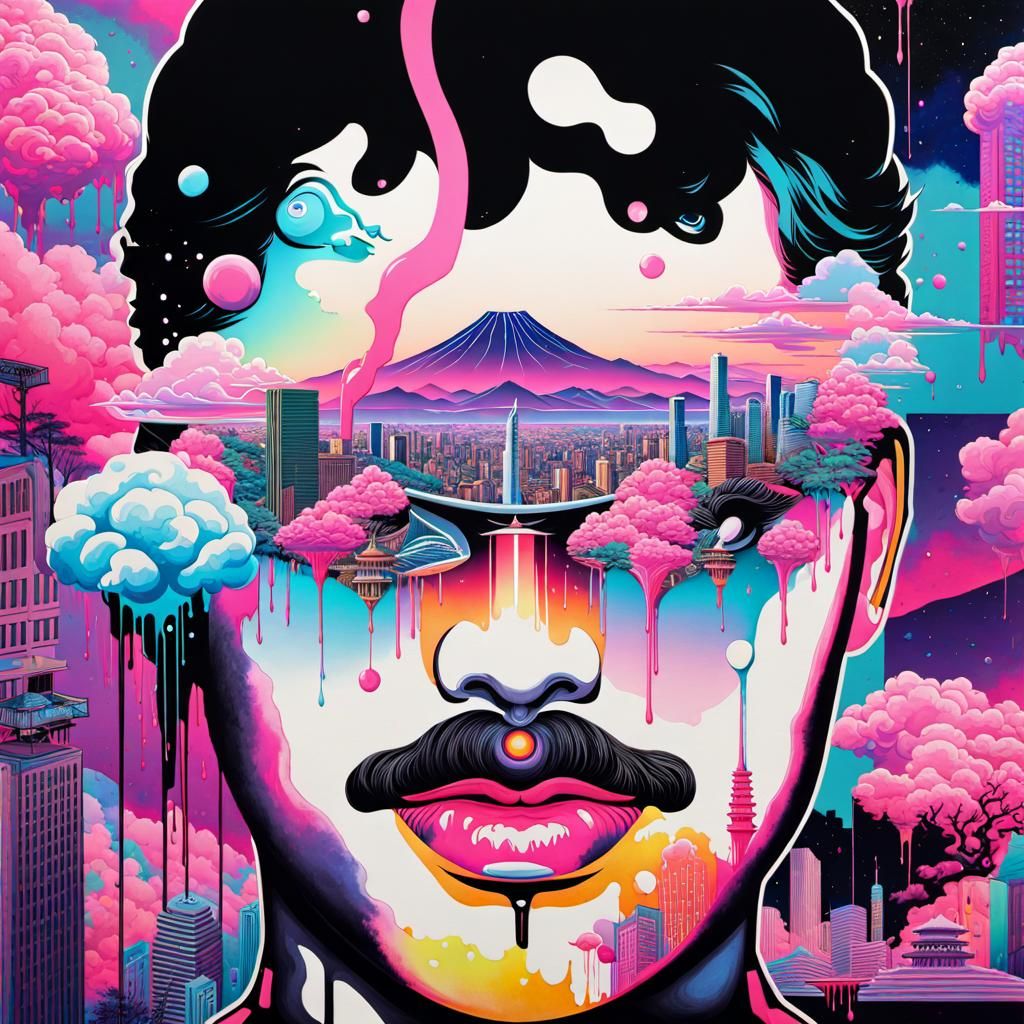 Vaporwave Roman Bust Cityscape in Neon Lights