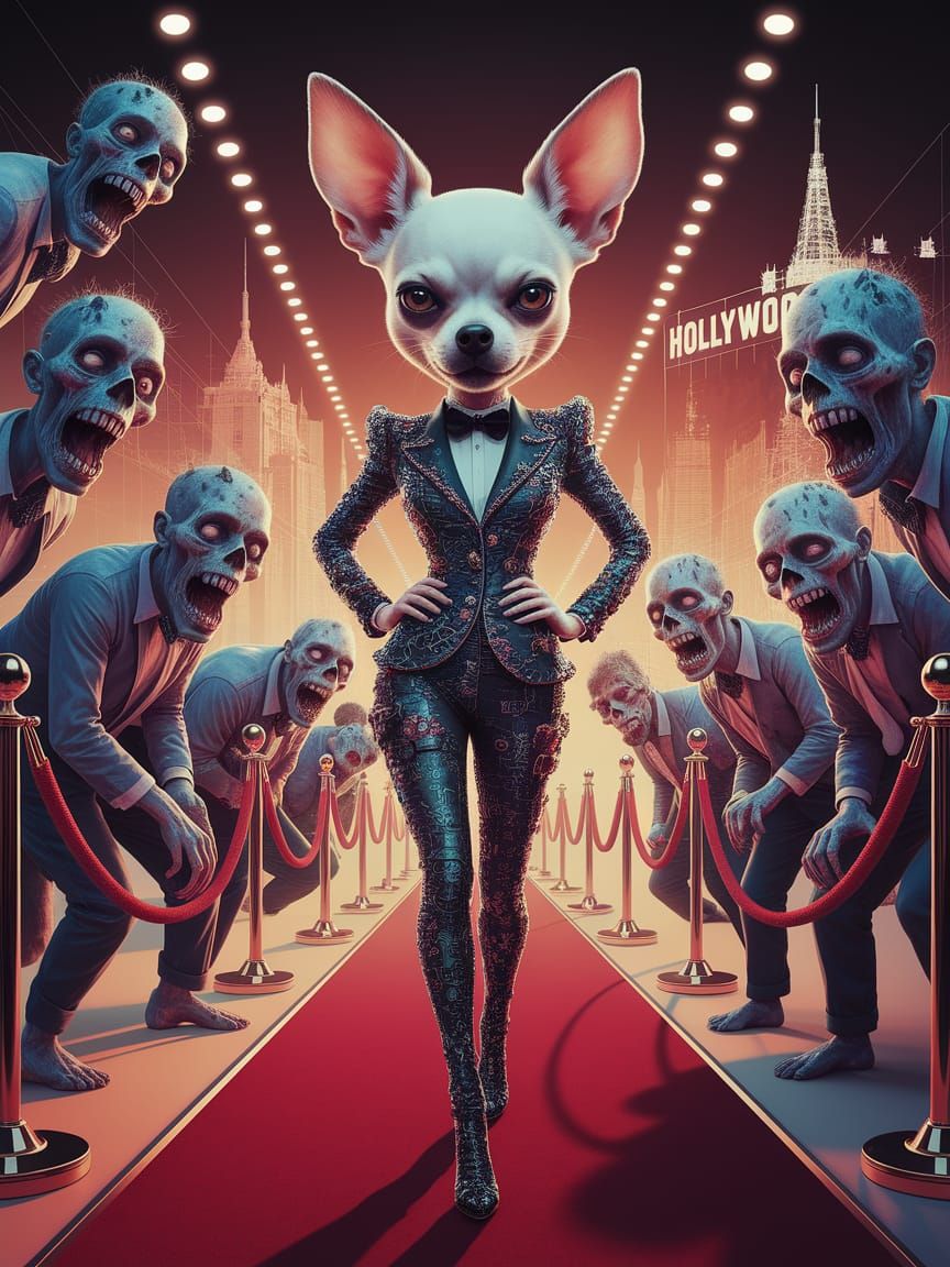 Surreal Caricature of Arrogant Chihuahua Struts Down Red Car...