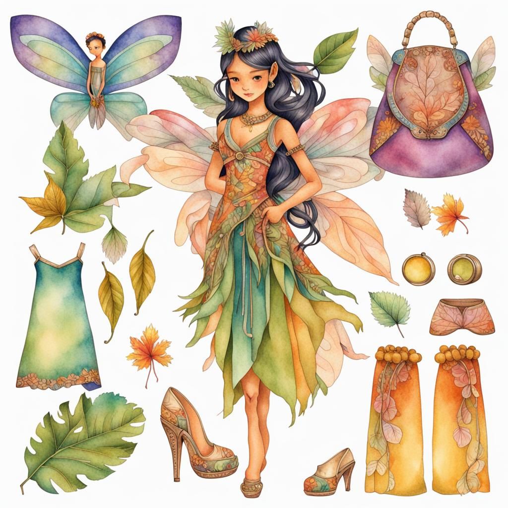 Watercolor Paper Cutout Fairy with Accessories