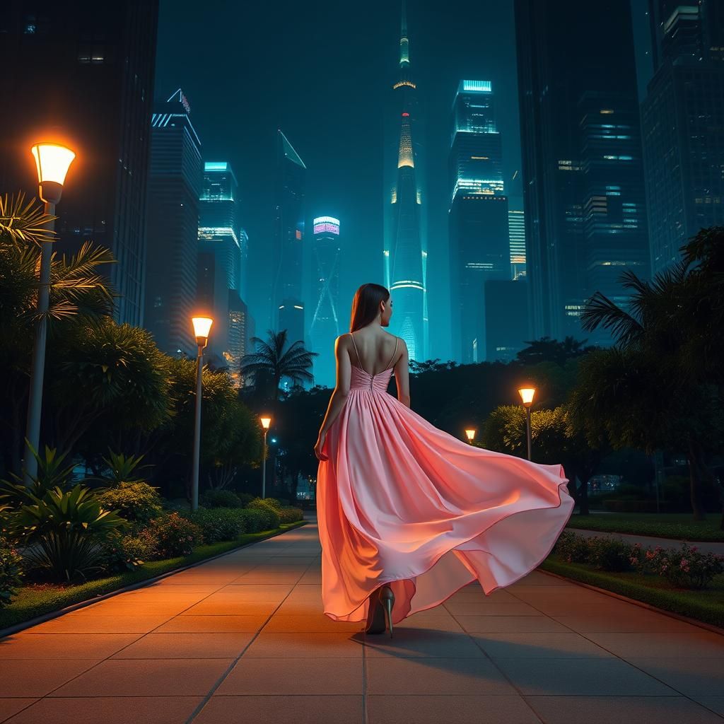 Woman in Evening Gown Walks Through City Park