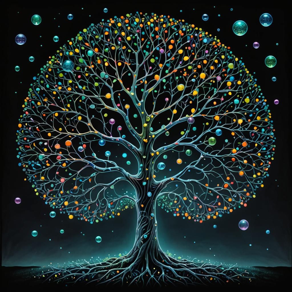 Glassy Tree with Bioluminescent Networks, Arabesque Drawing