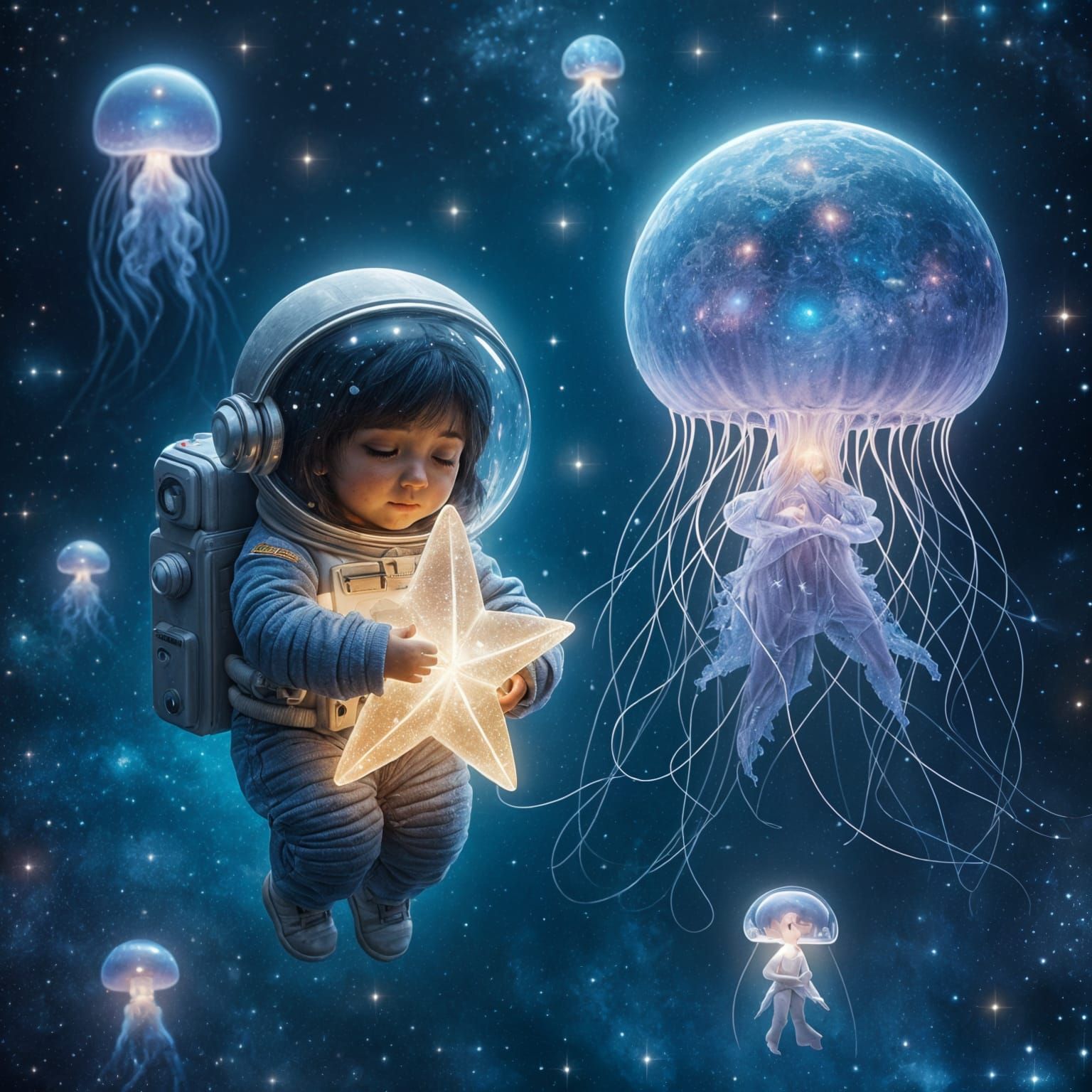 Tiny Astronaut Girl Cradles Star Beside Moon