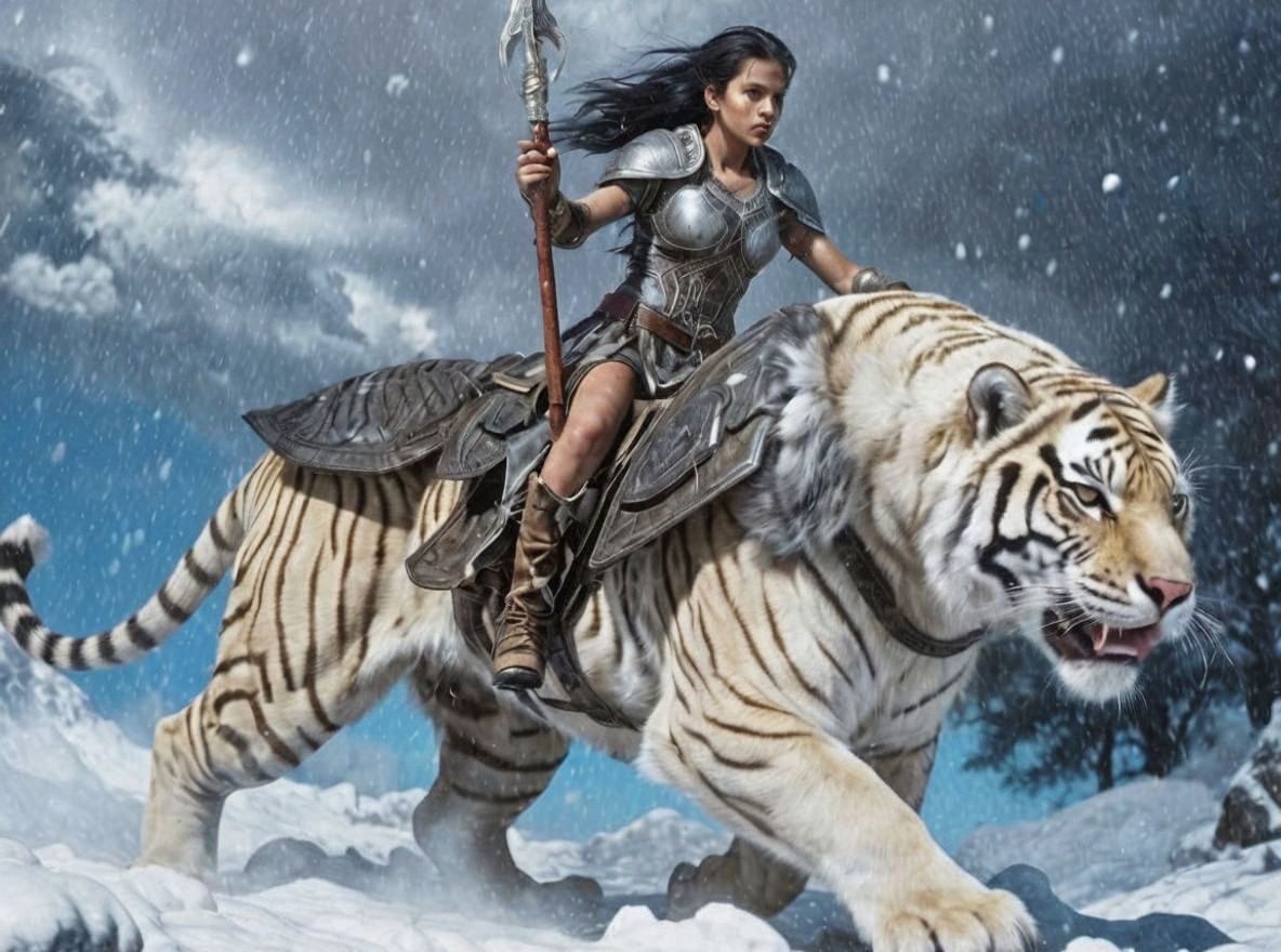 Warrior Woman on Albino Tiger in Snowstorm