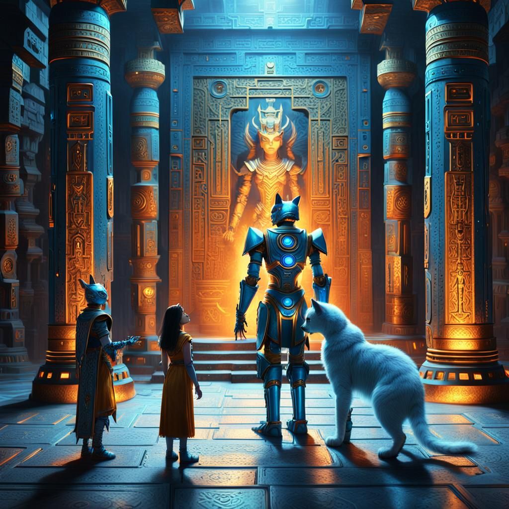 Epic Robot Cat God's Son Confronts Goddess in Ancient Temple