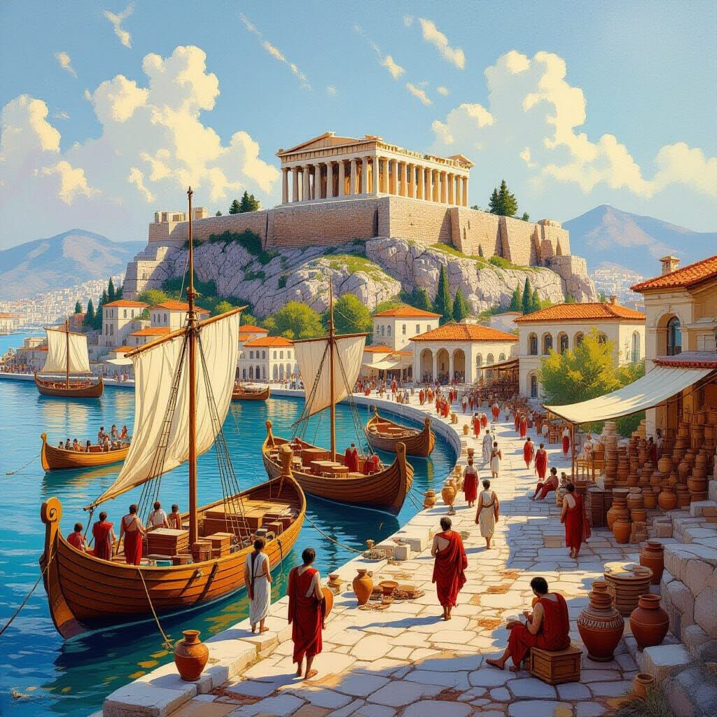 Bustling Ancient Greek Port City in Oil Painting Style