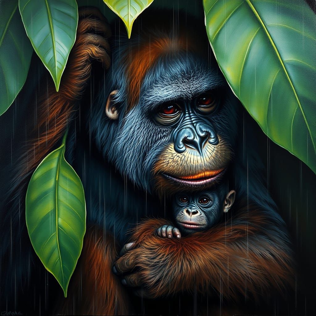Orangutan Mother and Baby in Rain, Detailed Oil Painting