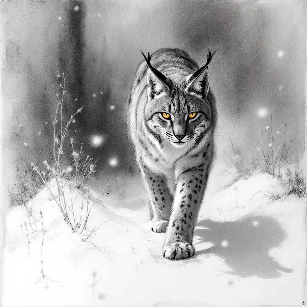 Lynx in Snowy Landscape as Expressive Charcoal Sketch