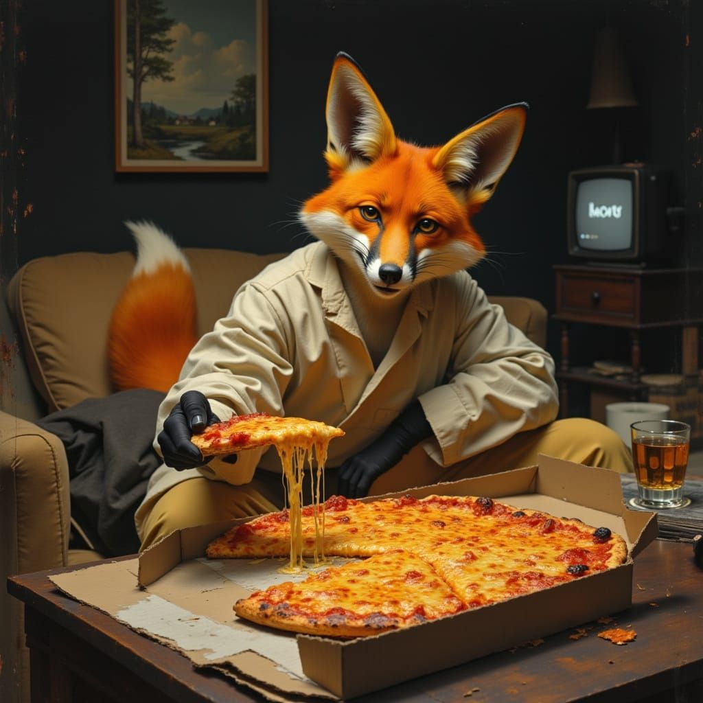 Fox in Pajamas Enjoys Pizza Slice