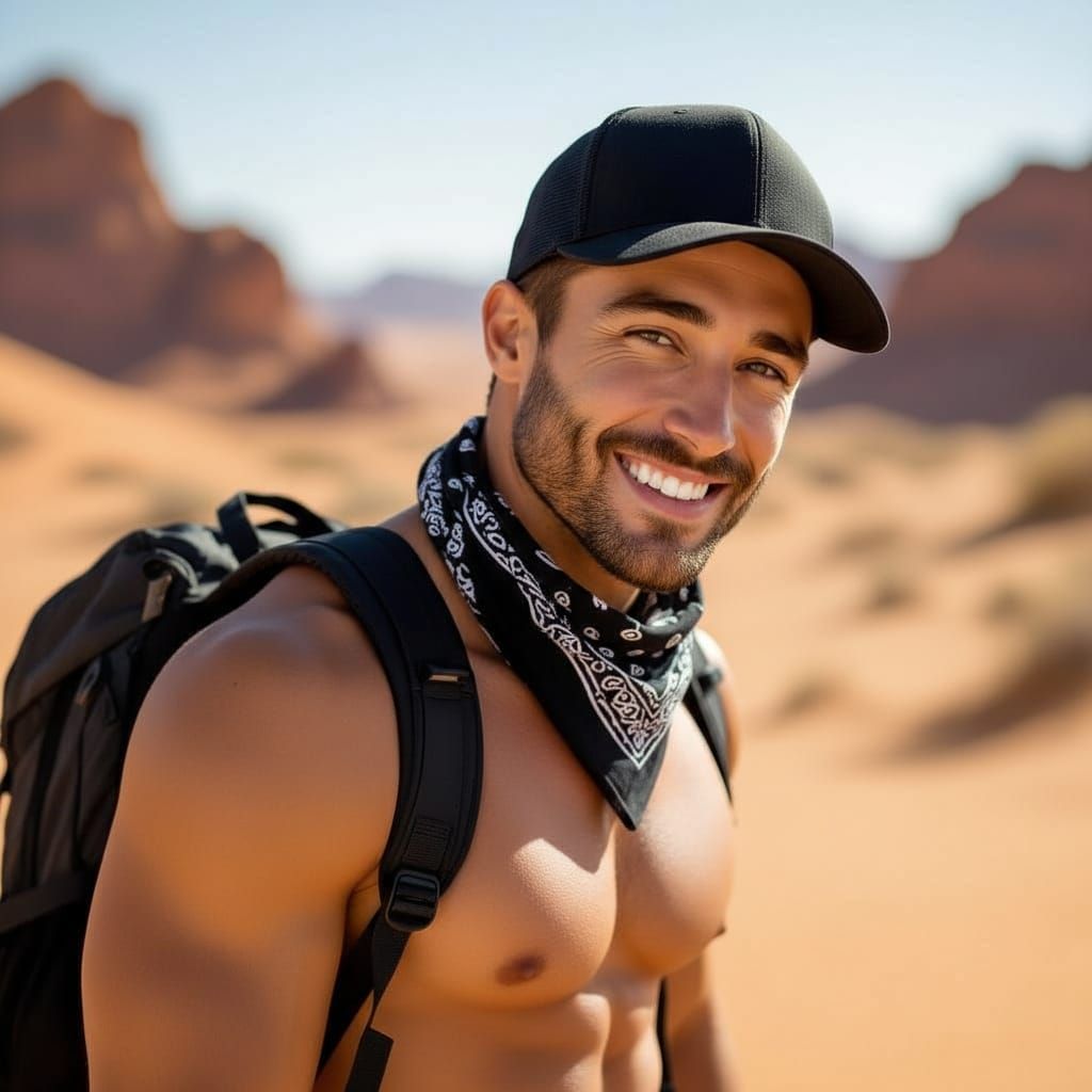Fit Smiling Man in Desert Landscape