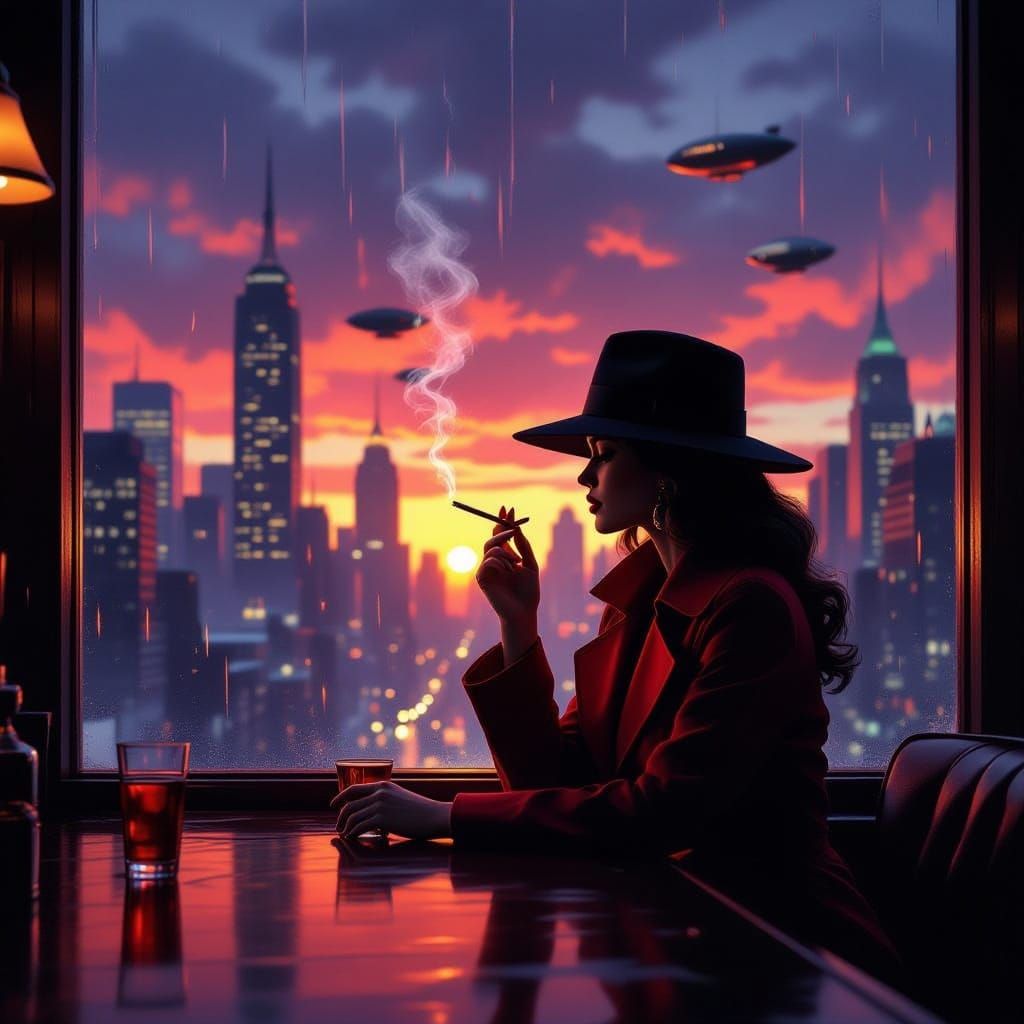 Mysterious Woman in Red Coat at Retro Bar, Sunset View