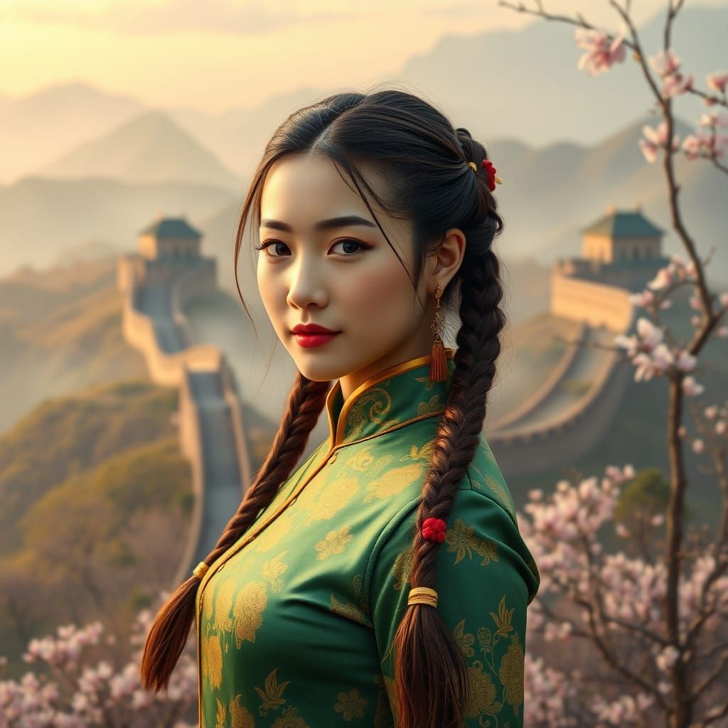 Elegant Lady in Traditional Cheongsam Attire Amidst Blossom....