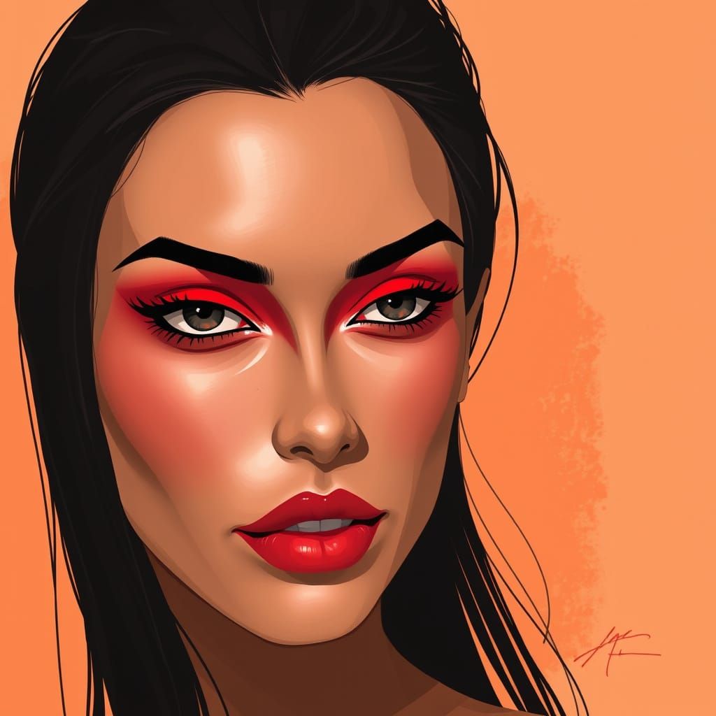 Woman's Face in Bold Red Eyeshadow with Vibrant Lines