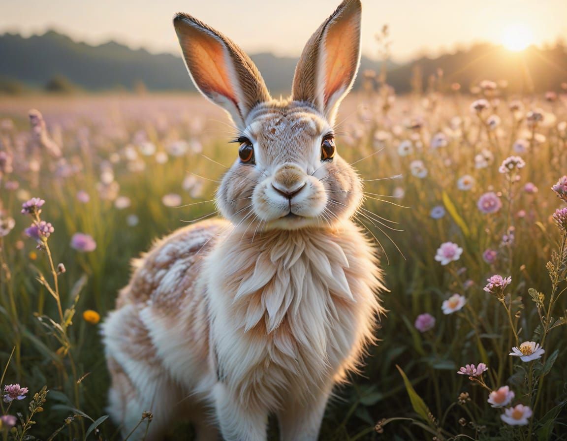 Whimsical Hare Maiden in Sunlit Meadow