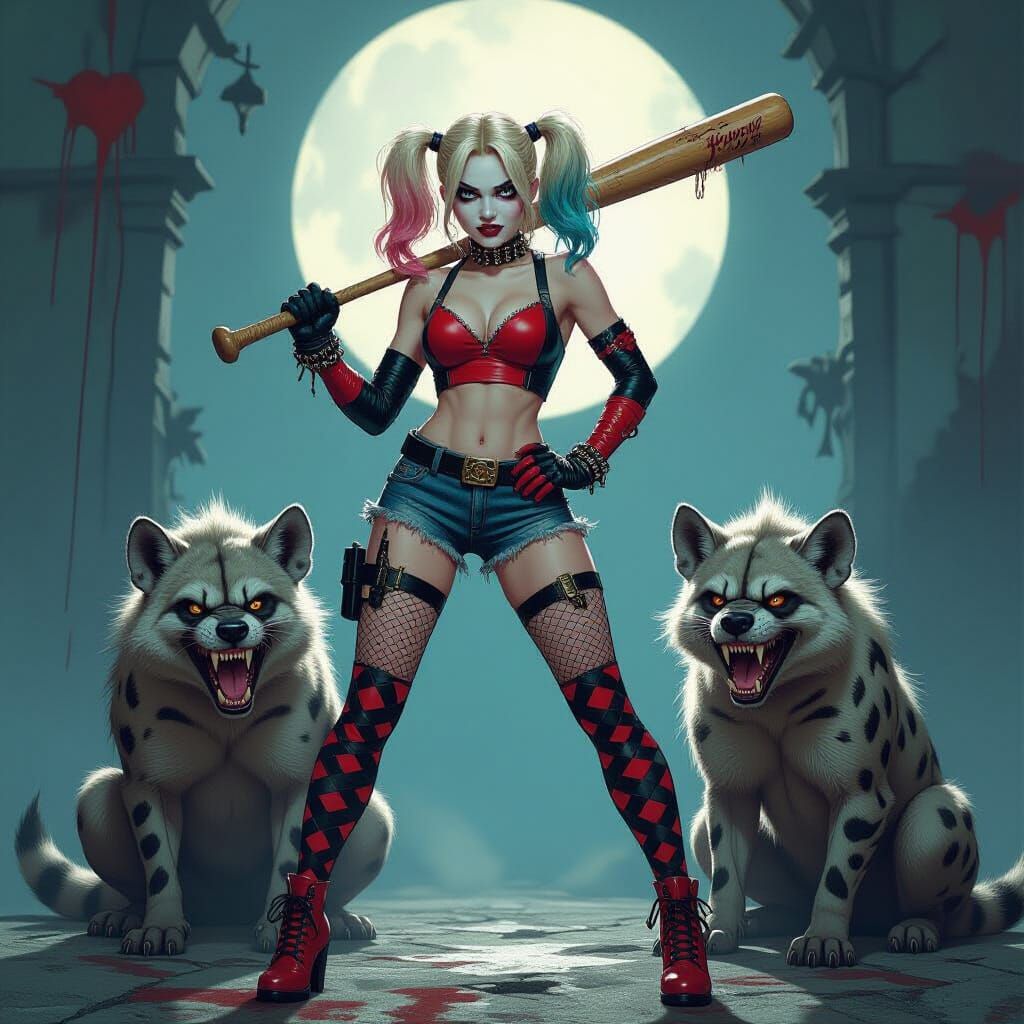 Harley Quinn with Hyenas and Baseball Bat in Gothic Horror S...