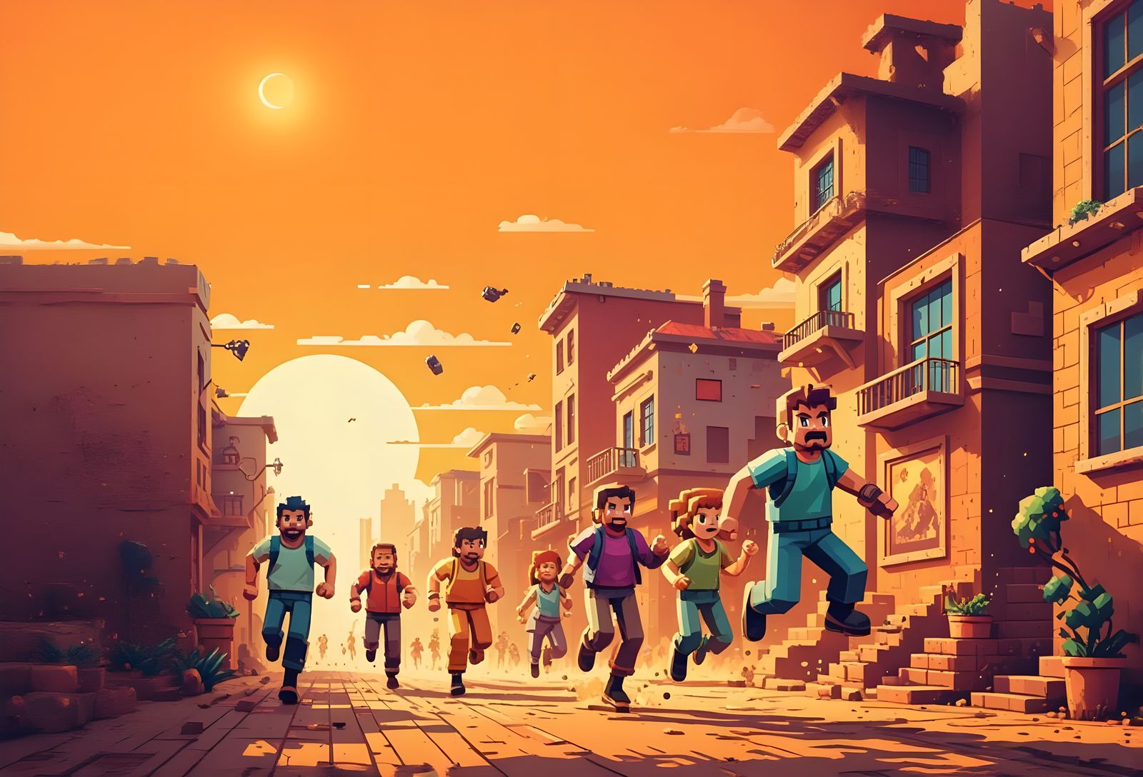 Pixelated 90s Game Figures in Dusty Town