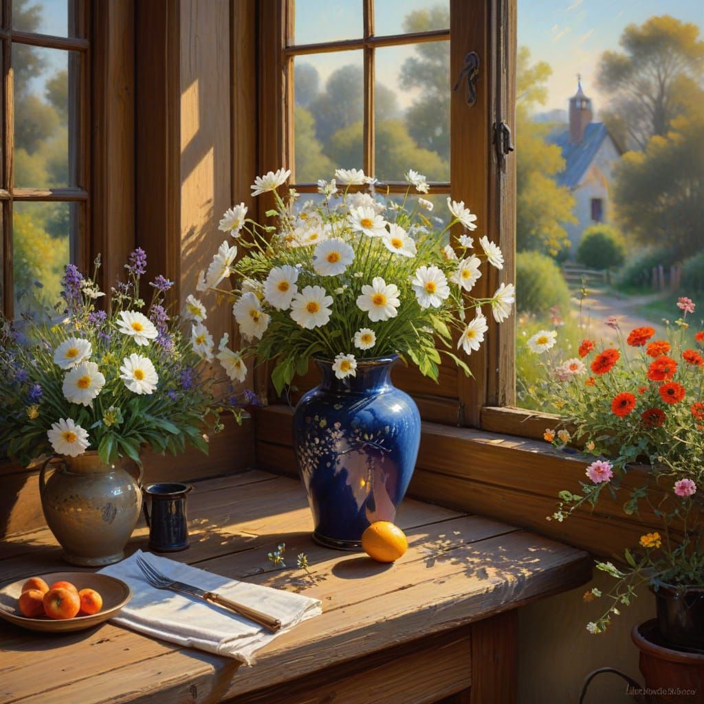 Peaceful Garden Scene in Impressionist Oil Painting Style