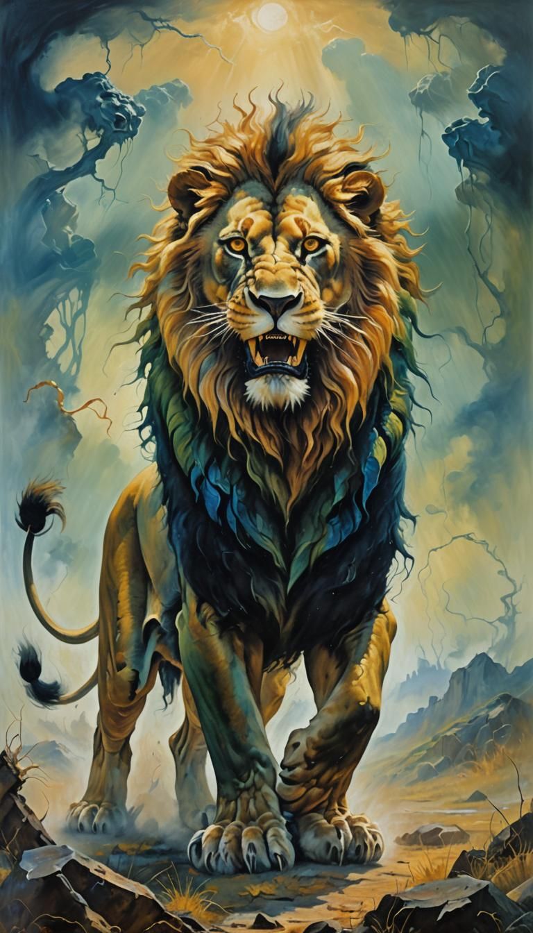 Furious Lion in Dreamlike Savannah, Surrealism Style