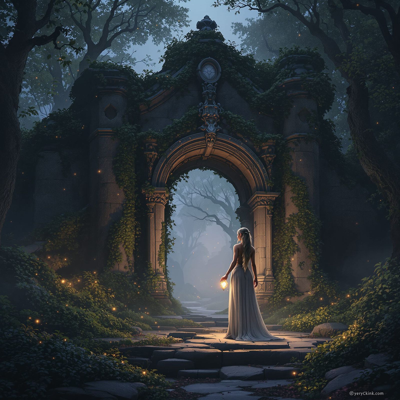 Elven Woman Holding Crystal at Ancient Gate