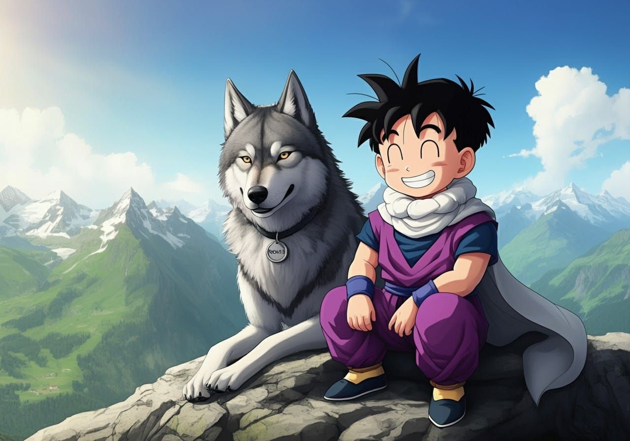 Gohan and Wolf-Lupine Hybrid on Swiss Mountain
