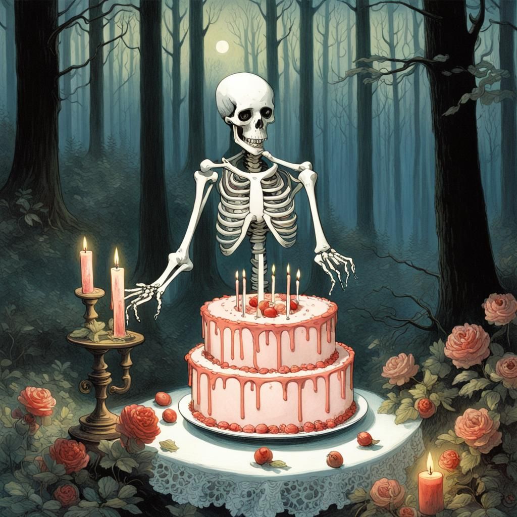 Skeletal Girl Celebrates Birthday in Dark Forest