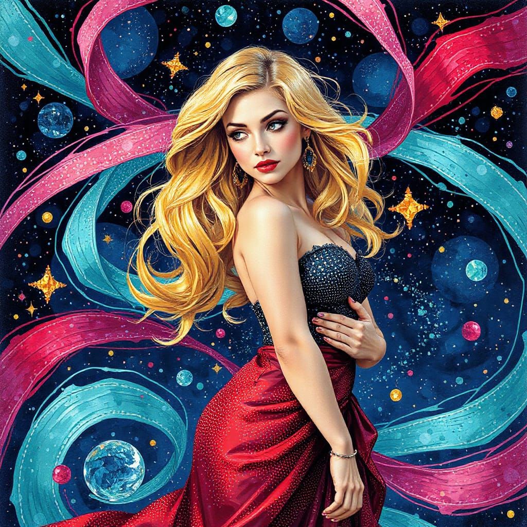 Voluptuous Woman in Pointillist Style with Ribbons