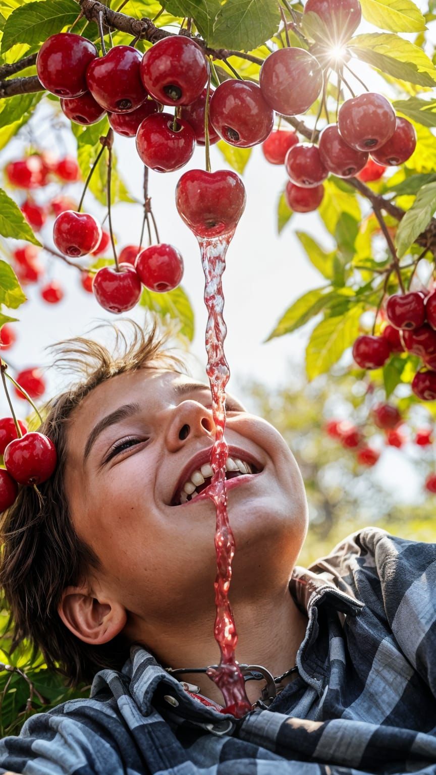Boy Under Cherry Tree With Juice Cascade