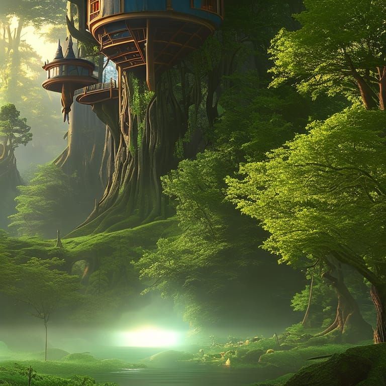 Mythical Treehouse with Lanterns: Fantasy Concept Art