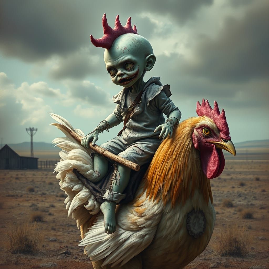 Whimsical Zombie Chick Ride in a Post-Apocalyptic Farm