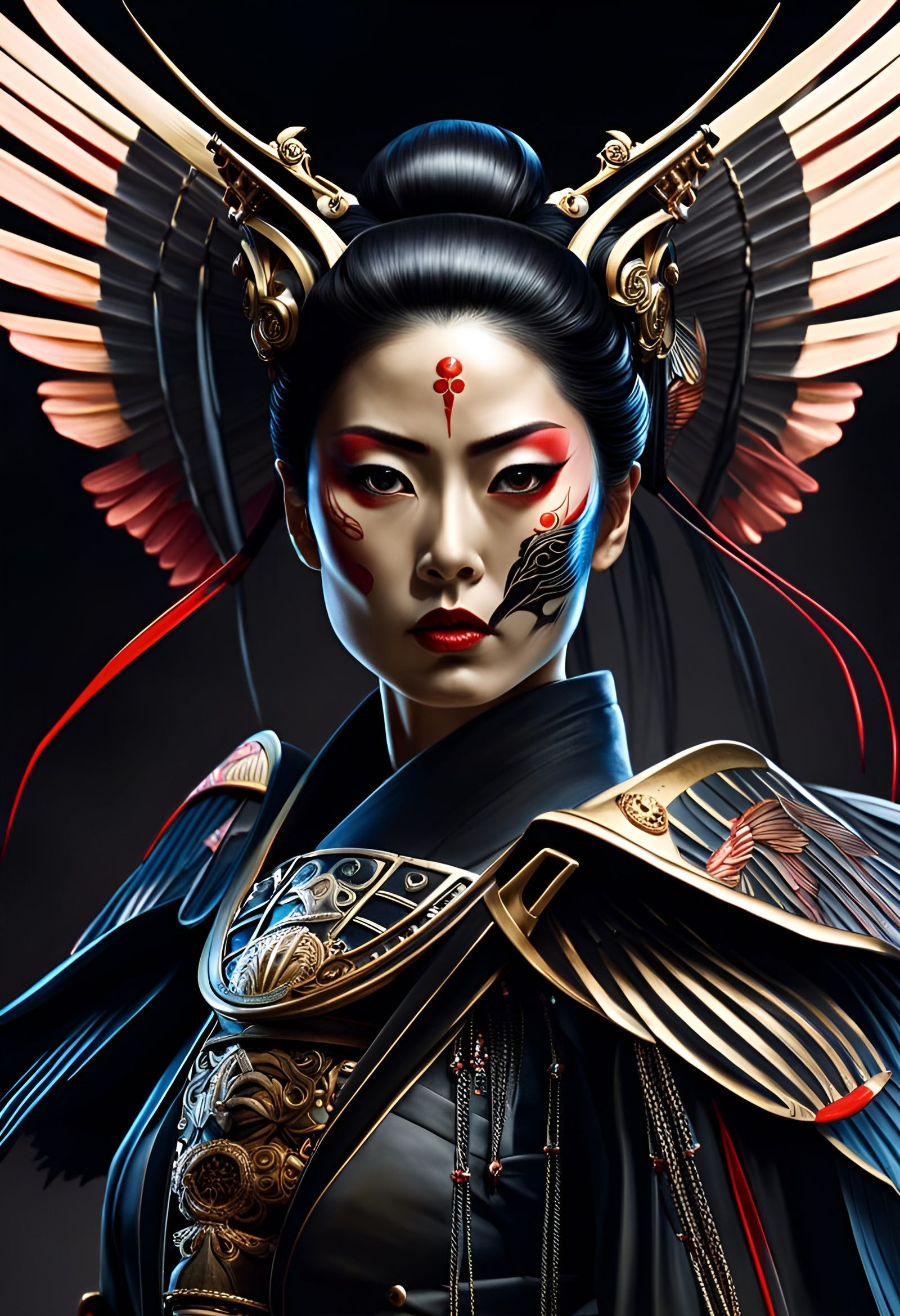 Samurai Geisha with Skeleton Wings: Hyperrealistic Collage A...