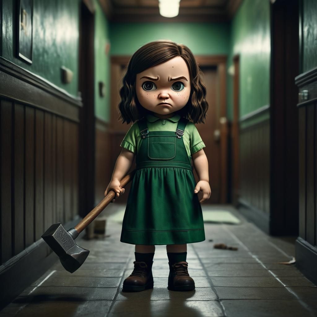 Creepy Chibi Character with Hammer in Cinematic Style