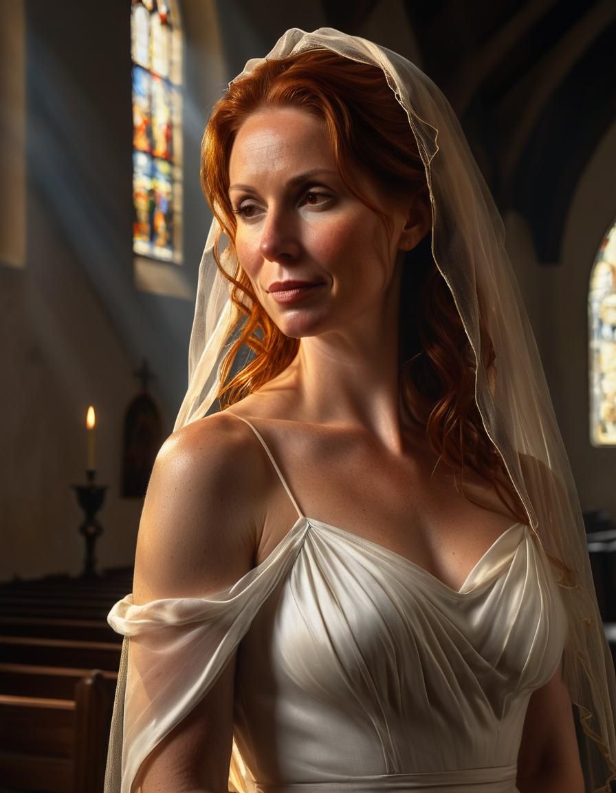 Auburn-Haired Woman in Chapel: Chiaroscuro Oil Portrait