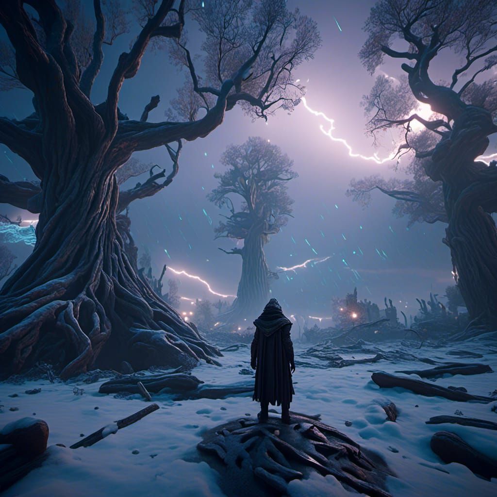 Wizard and Tree Man in Alien Blizzard