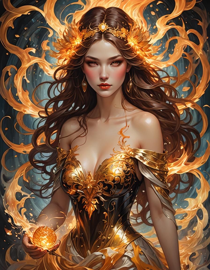 Beautiful girl pulls flames and sparks from her chest like taffy flowing fire honey stream. Flames surround her back. Sh...