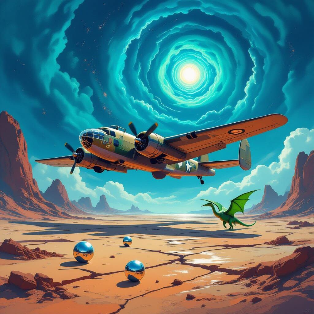 B-25 Bomber Over Alien Seabed Landscape