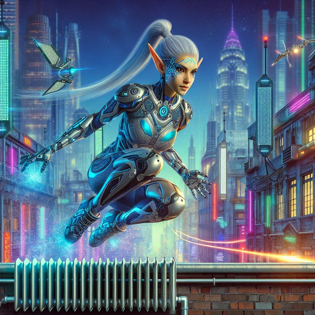 Cyberpunk Elf Parkour in Futuristic Cityscape
