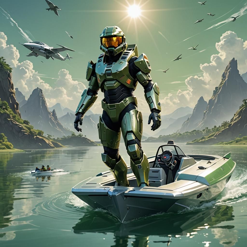 Master Chief from Halo is practicing sailing on a green UNSC...