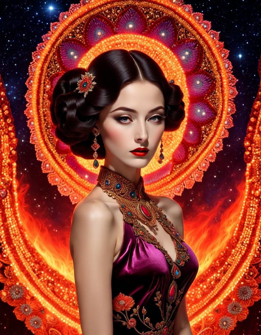 Dreamlike Figure in Stardust Gown with Neon Fire