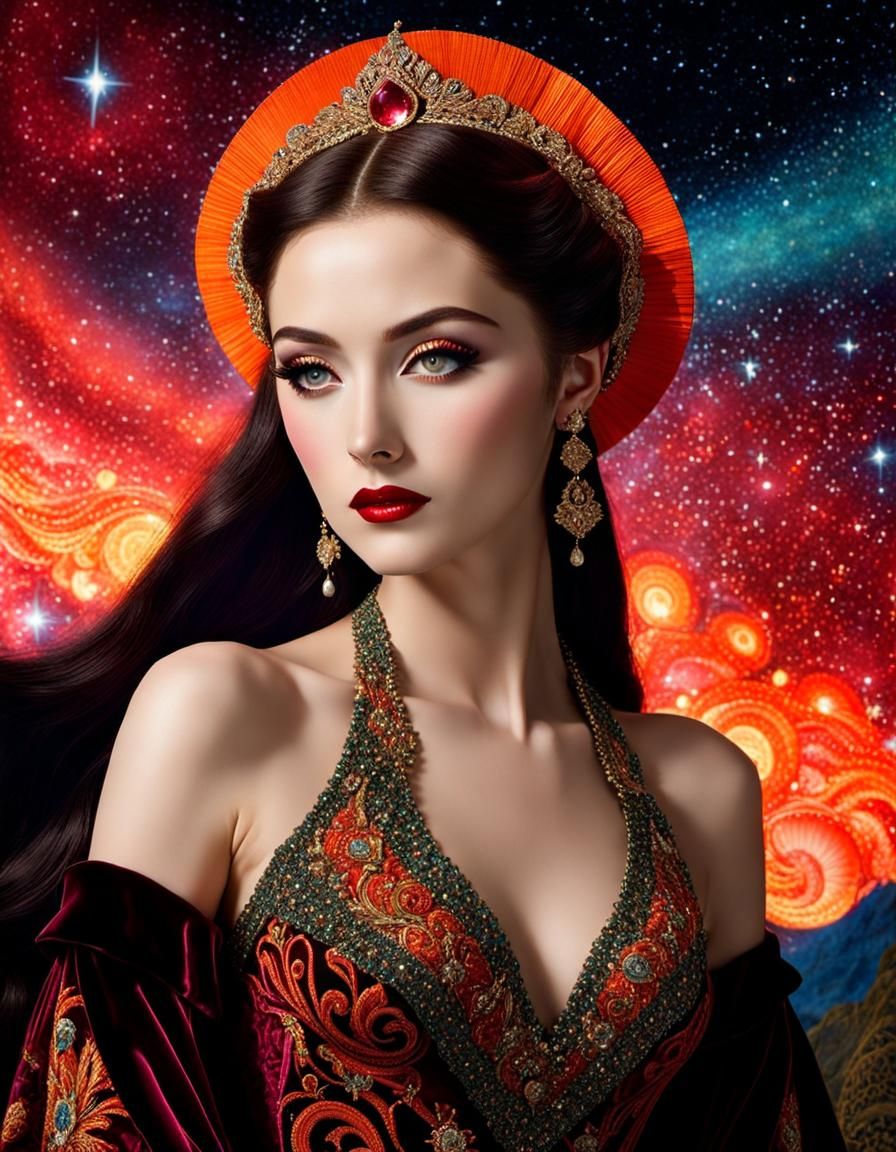 Dreamlike Woman in Stardust Dress with Neon Fire