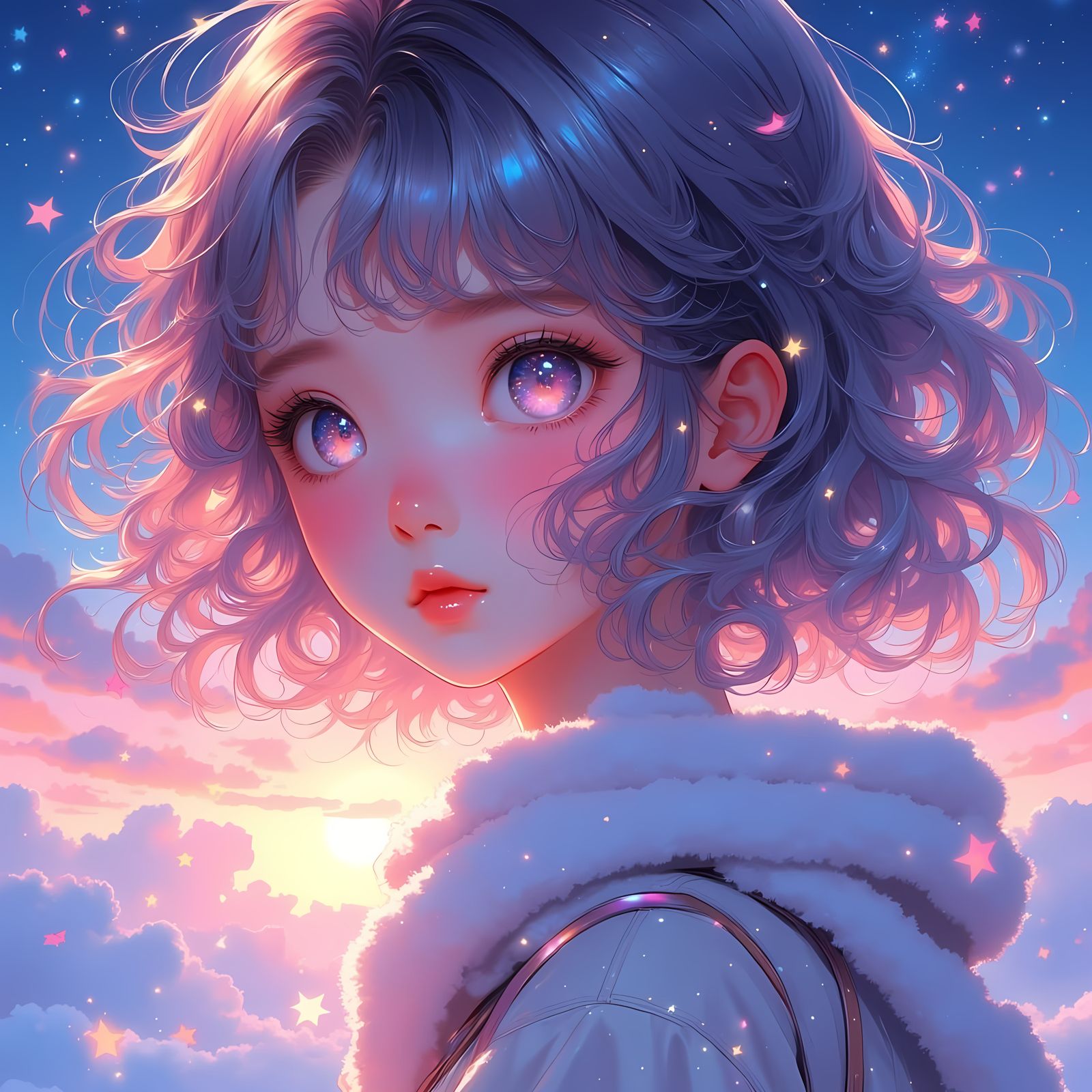 Beautiful Anime Girl in Jelly Style with Pastel Sunset