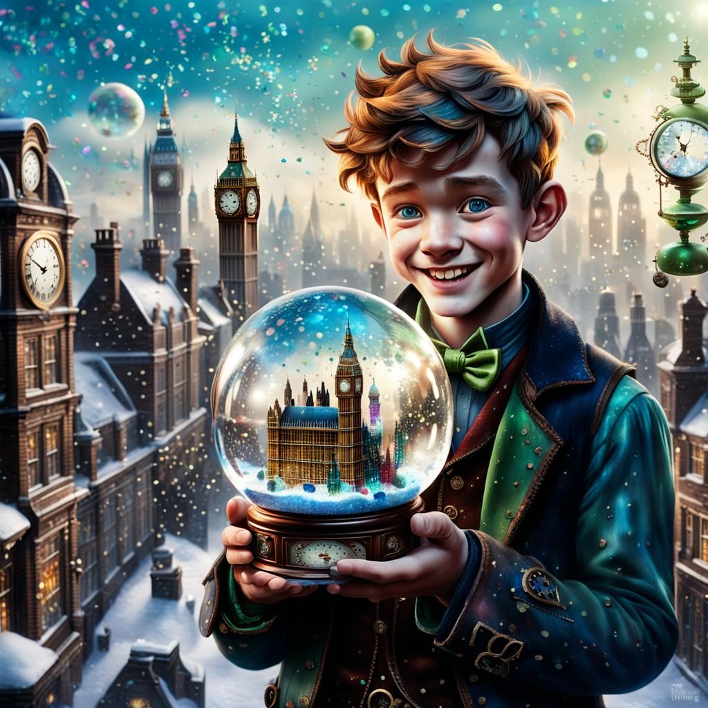 Peter Pan and Steampunk London in Snow Globe