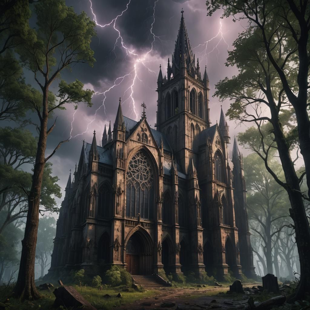Gothic Cathedral in Haunted Woods: Fantasy Concept Art