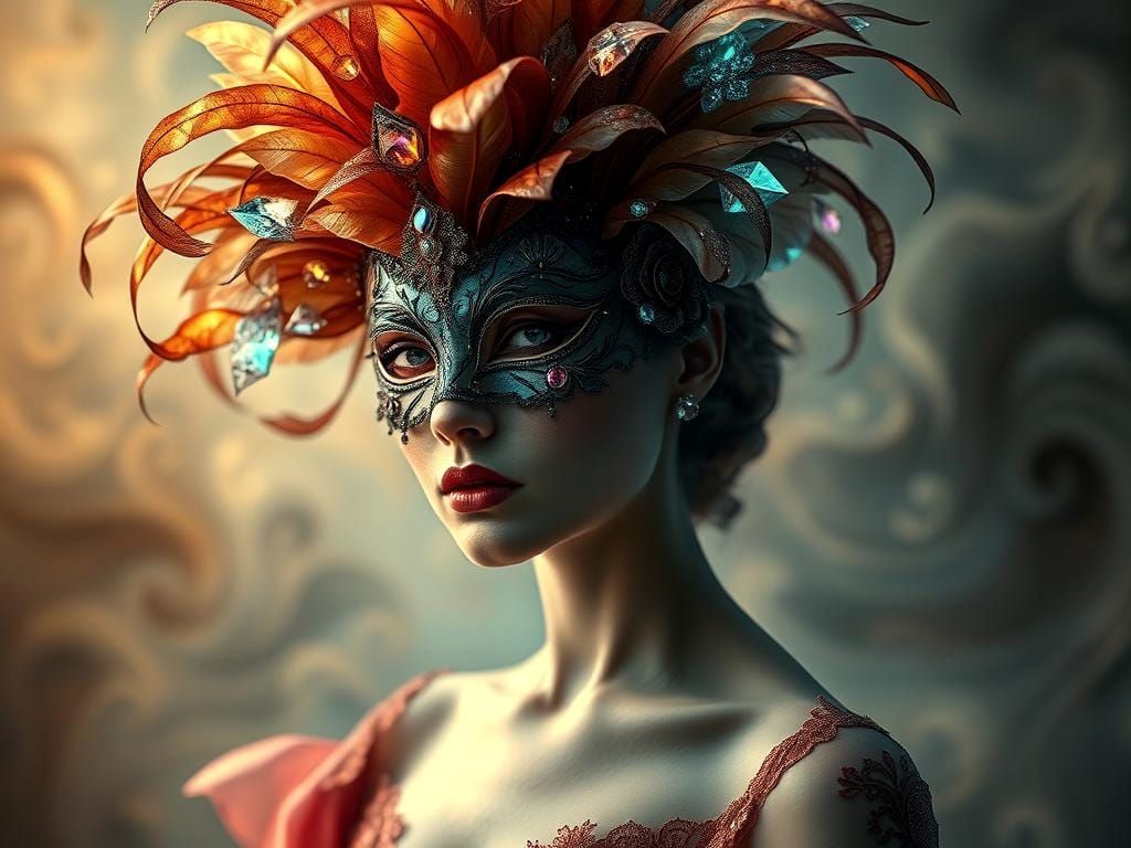 Masked Woman with Abstract Floral Hat in Gothic Style