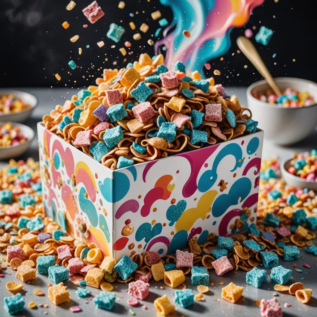 Vibrant Splash Art of Unicorn Flakes Cereal Box