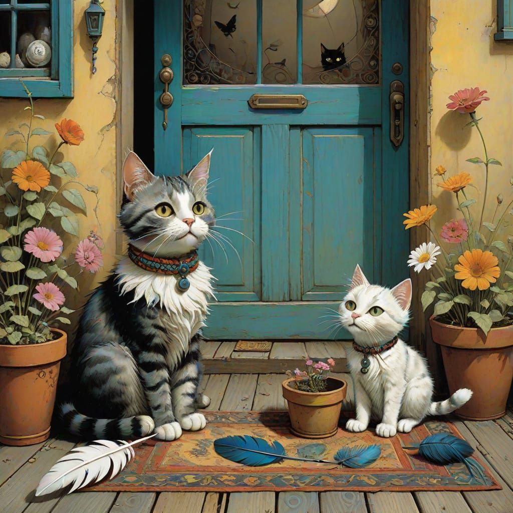Whimsical Cats in a Fantastical Porch Scene