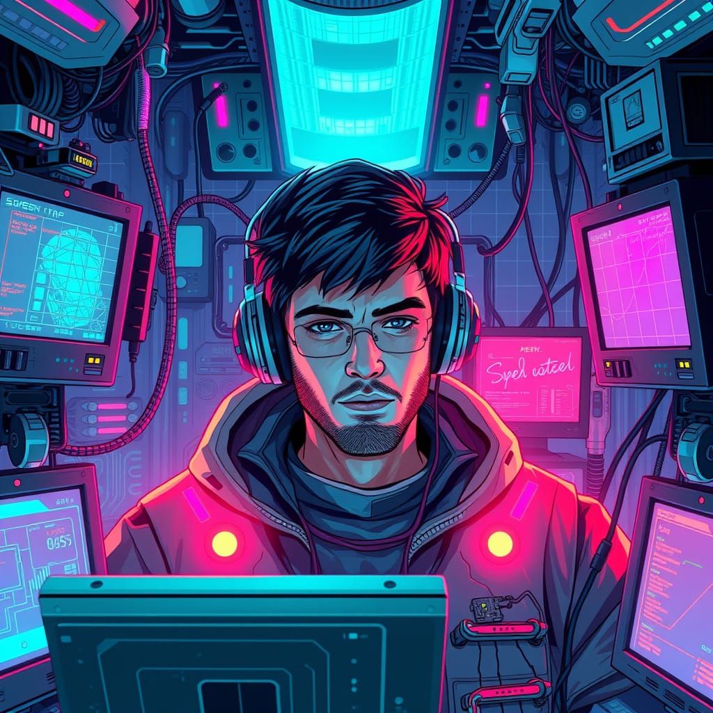 Cyberpunk AI Interaction with Neon Lights