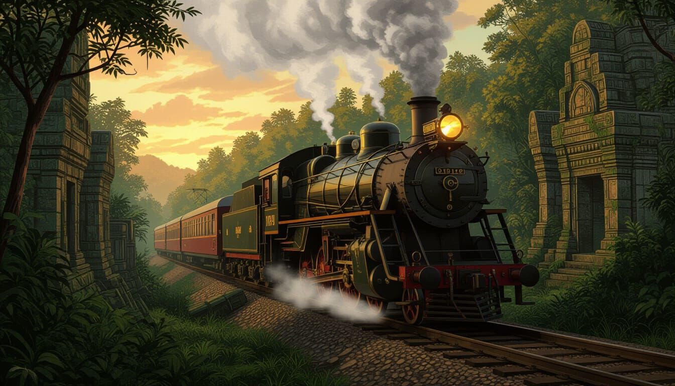 Vintage Jungle Train to Ancient Ruins at Sunset