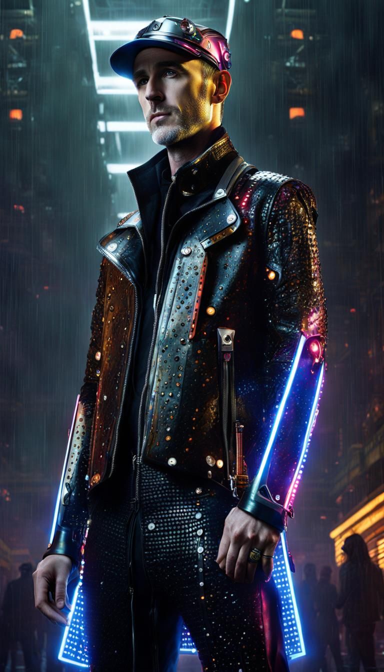 Hyperrealistic Cyborg Outfit of Scottish Man in Rain