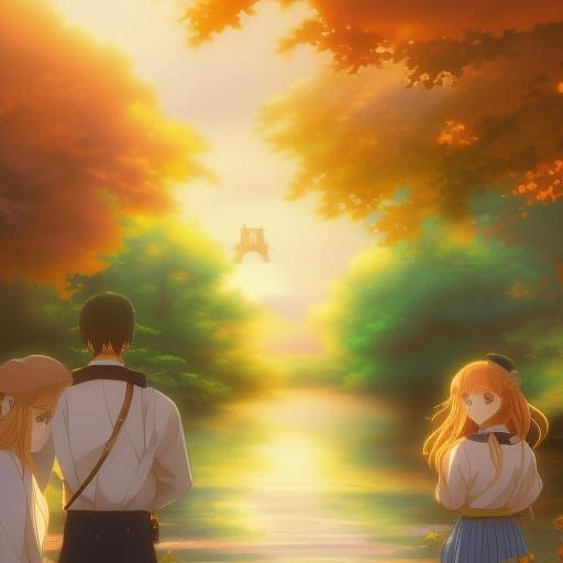 Romantic Anime Couple at Sunset in Pastel Colors